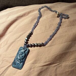 Blue Bead & Carved Pendant Chinese Rat Necklace